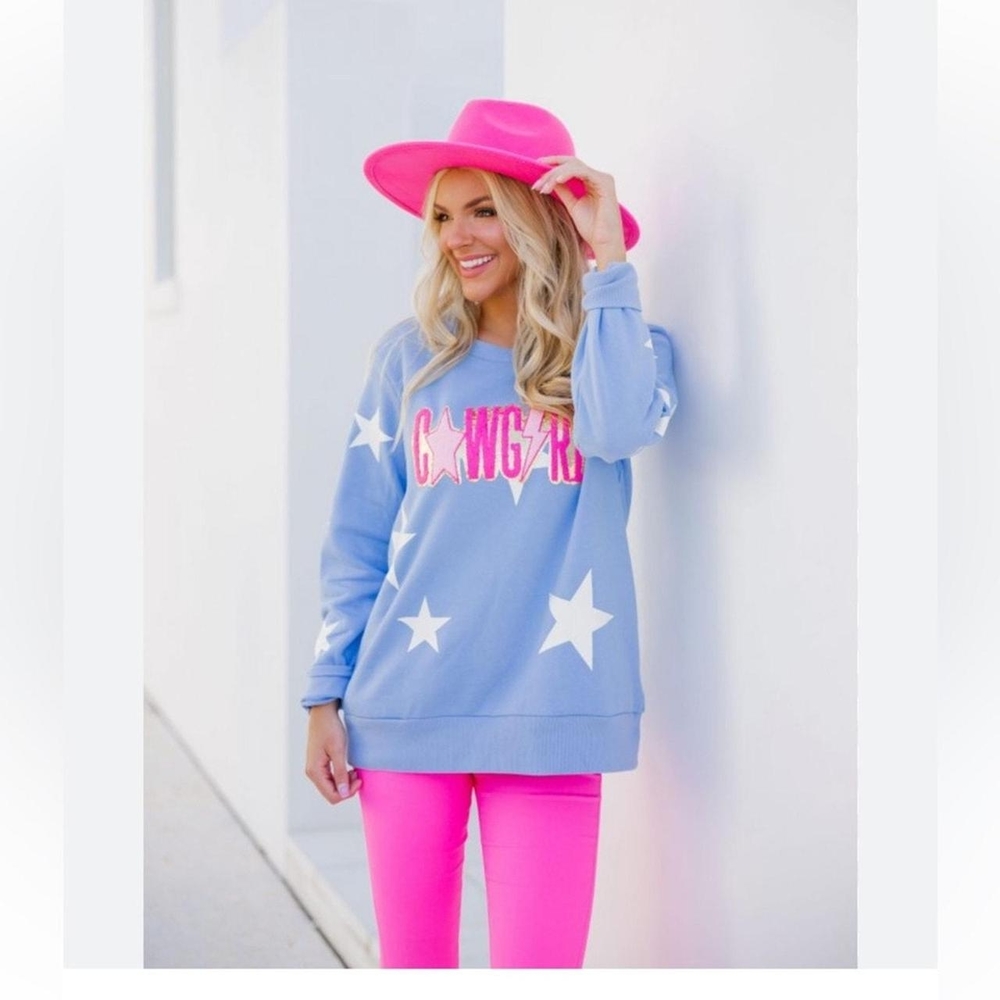 Blue Star Sweatshirt with Pink Accents
